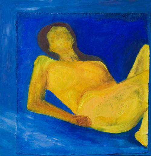 SOLD 500px Y2T7518 
 Yellow Rose. Oil on reclaimed linen on board. 16 x 18 inches. 
 Keywords: naked woman semi abstract blues yellows illustration painting drawing