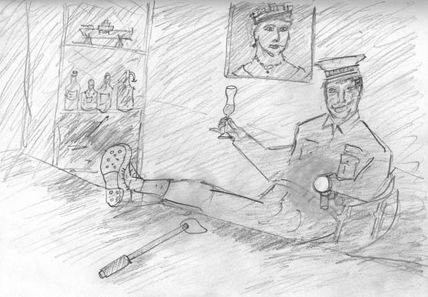 600px 7 
 Shorebase foot patrol; checking out the skipper's office. Pencil, A4 paper. 
 Keywords: royal navy po petty officer chief radio operator telegraphist blue liners liner cigarette tot rum andrew ship warship hms mercury ganges victory saint vincent st boy entrant junior ro jro basic training gun weapon mast flag pole portsmouth gosport london railway train minesweeper lee enfield sterling sub machine gun cosh club captain skipper torch sea ocean military service marine hammer handle iron tip uniform number eights 8 number ones 1 hat sign up rnr naval reserve contract suicide punishment jankers niners