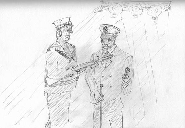 600px 6 
 Lee Enfield 303 training. Pencil, A4 paper. 
 Keywords: royal navy po petty officer chief radio operator telegraphist blue liners liner cigarette tot rum andrew ship warship hms mercury ganges victory saint vincent st boy entrant junior ro jro basic training gun weapon mast flag pole portsmouth gosport london railway train minesweeper lee enfield sterling sub machine gun cosh club captain skipper torch sea ocean military service marine hammer handle iron tip uniform number eights 8 number ones 1 hat sign up rnr naval reserve contract suicide punishment jankers niners