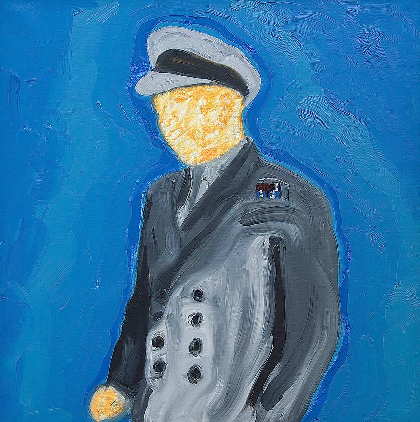 Jolly Sailor 
 The Jolly Sailor; obsolesence of the officer class. Socialist First Sea Lord presented with no in-equality insignia. Oil on canvas. 36 x 36 inches. Inspired by one of the Des Kilfeather photographs of Admiral Lord West in 2005. Shortlisted for National Open Art 2012 and featured on the NOA12 website. Refers to Alan West's role as Equerry to Queen Elizabeth juxtaposed with his Labour Party Membership and Labour Govt. participation...contradictions between 'equality and privilege?'

New Platinum Jubilee Edition of Trafalgar 200 Through the Lens due for release July 2022