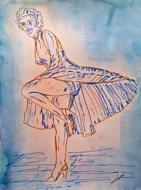 z3 WY2T5799 
 Pre-aesthetic. Study number 3 inspired by Marilyn Monroe 7 Year Itch. With kind permission of Pictorial Press. Indian ink and watercolour on paper. Interesting 1955, same year that Marilyn Munroe posed with James Joyce's Ulysses.