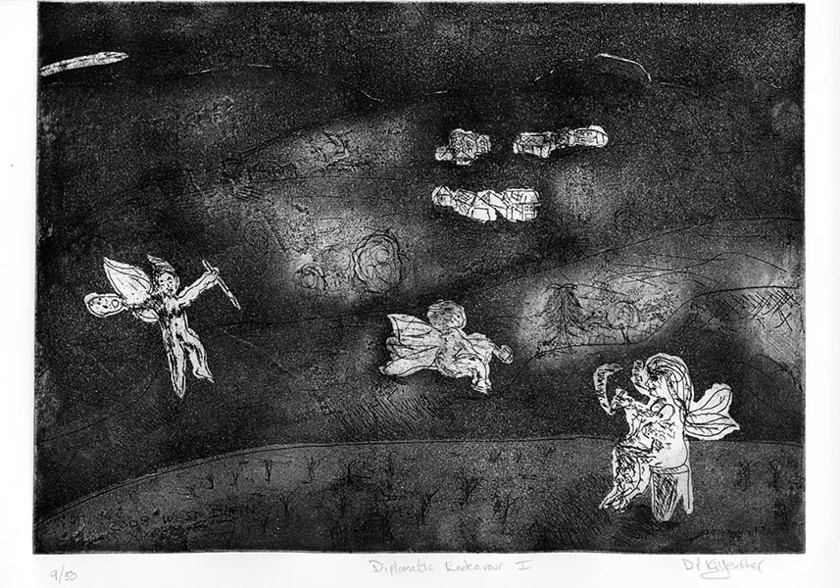 Untitled-13 
 Diplomatic Endeavour I. Etching. Intaglio and relief print. From a series of 50 variable edition prints from this A3 approximate size copper plate.