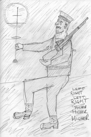 600px 3 
 Dickie never gets it right. Pencil, A4 paper. 
 Keywords: royal navy po petty officer chief radio operator telegraphist blue liners liner cigarette tot rum andrew ship warship hms mercury ganges victory saint vincent st boy entrant junior ro jro basic training gun weapon mast flag pole portsmouth gosport london railway train minesweeper lee enfield sterling sub machine gun cosh club captain skipper torch sea ocean military service marine hammer handle iron tip uniform number eights 8 number ones 1 hat sign up rnr naval reserve contract suicide