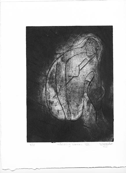 img051 
 Thinking woman III. Etching. Intaglio and relief print. From a series of 15 variable edition prints from this A5 approximate size copper plate.