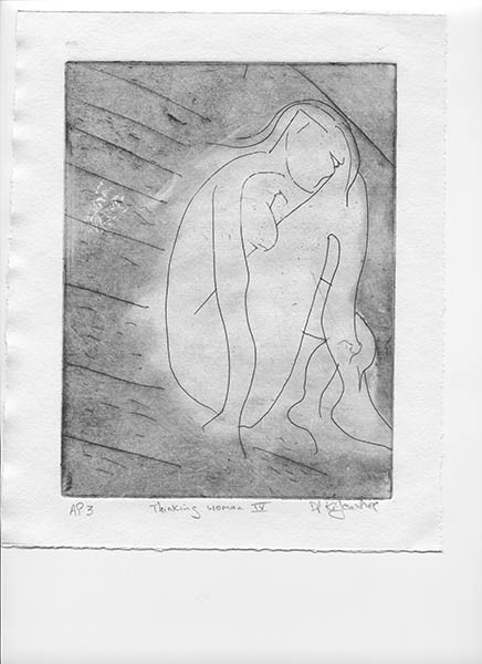 img043 
 Thinking woman IV. Etching. Intaglio and relief print. From a series of 15 variable edition prints from this A5 approximate size copper plate.