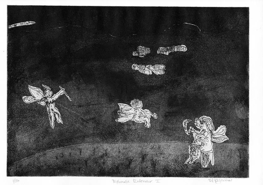 Untitled-18 
 Diplomatic Endeavour I. Etching. Intaglio and relief print. From a series of 50 variable edition prints from this A3 approximate size copper plate.