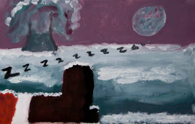 400px Y2T7212 
 ZZZzzz. Oil on reclaimed unstretched canvas. 
 Keywords: red purple blue green moon night asleep xmas illustration