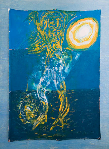 1 600px Y2T7462 
 Loneliness of the long distance sailor. Oil on canvas, copper tacked to watercolour stained and boat varnished ply. 39 x 55 inches. 
 Keywords: siren mermaid mythology sea ocean fine art