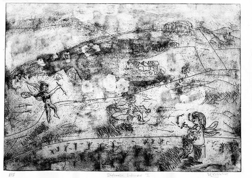 Untitled-21 
 Diplomatic Endeavour I. Etching. Intaglio and relief print. From a series of 50 variable edition prints from this A3 approximate size copper plate.