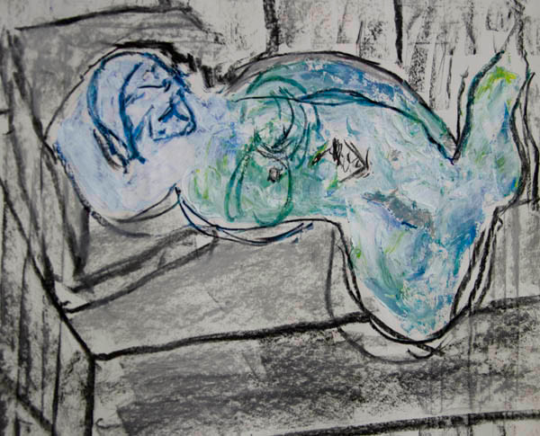 SOLD 600px Y2T7171 
 Detail: Blue woman on a bed of charcoal. Charcoal and gesso tinted with oil paint on paper.