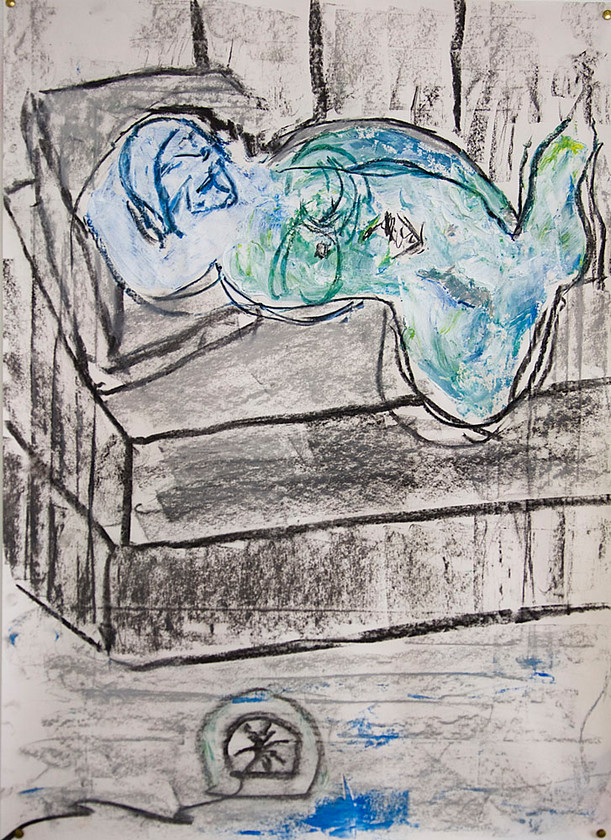 SOLD 600px Y2T7170 
 Blue woman on a bed of charcoal. Charcoal and gesso tinted with oil paint on paper. A1 size.