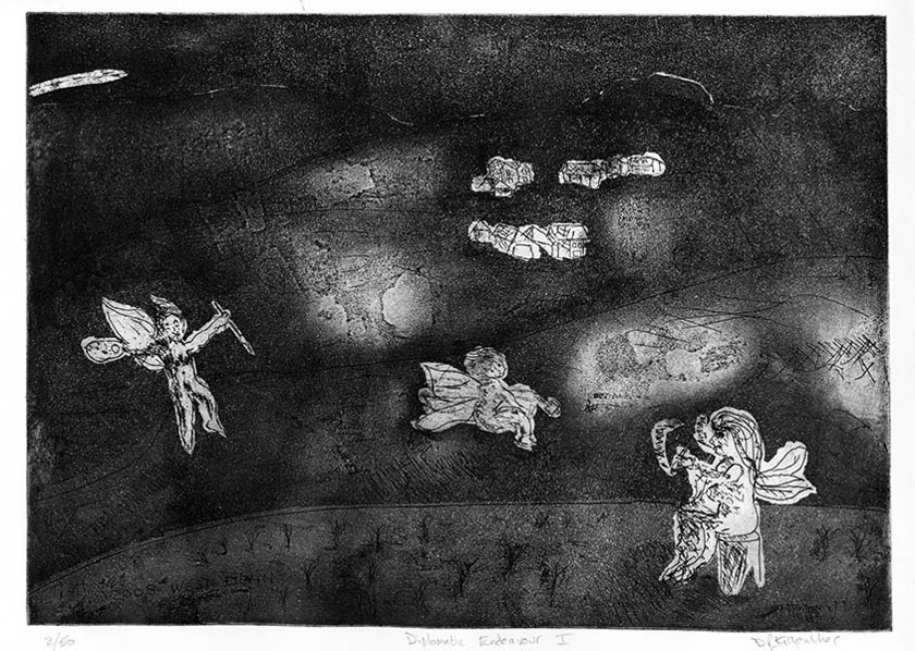 Untitled-17 
 Diplomatic Endeavour I. Etching. Intaglio and relief print. From a series of 50 variable edition prints from this A3 approximate size copper plate.