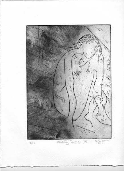 img037 
 Thinking woman IV. Etching. Intaglio and relief print. From a series of 15 variable edition prints from this A5 approximate size copper plate.