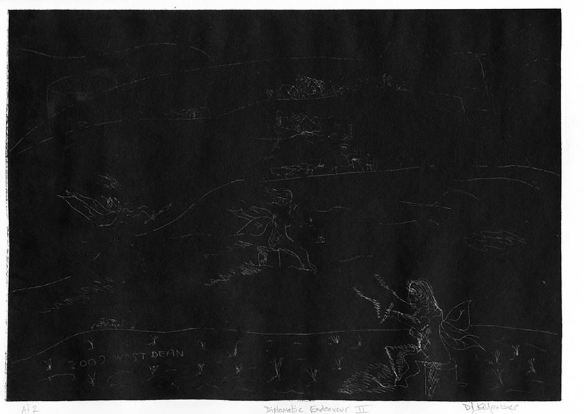 Untitled-6 
 Diplomatic Endeavour II. Etching. Intaglio and relief print. From a series of 50 variable edition prints from this A3 approximate size copper plate.