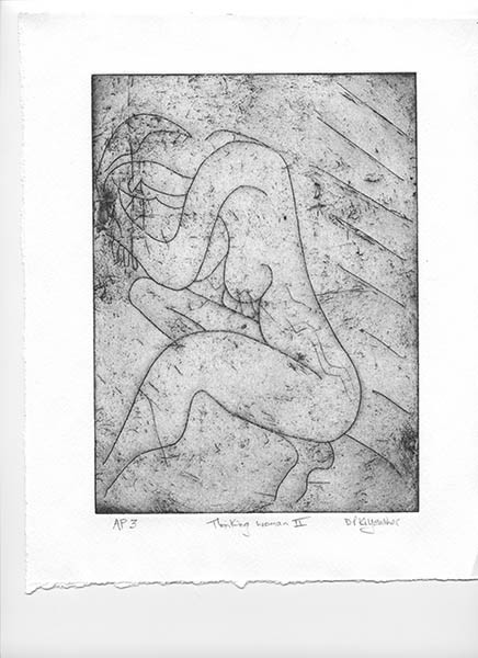 img049 
 Thinking woman II. Etching. Intaglio and relief print. From a series of 15 variable edition prints from this A5 approximate size copper plate.