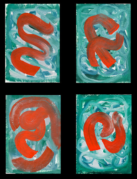 Lizzie Visits Salmond 1 
 1. Actual organic paper scans. Celtic Lizzie. A series of four oil paintings. During a meeting with the Scotland First Minister Alex Salmond, Queen Elizabeth wore a green suit and a green hat with a broad bright cadmium red hatband. As he is leader of the Scottish National Party, Elizabeth and Alex do not see eye to eye. Oil on handmade paper, 12 x 17 inches. Click on this saatchi link: http://www.saatchionline.com/art/Painting-Oil-Celtic-Lizzie/17672/1389647/view