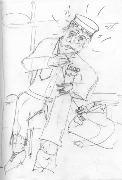 600px 2 
 Stitch up. Pencil, A4 paper. 
 Keywords: royal navy po petty officer chief radio operator telegraphist blue liners liner cigarette tot rum andrew ship warship hms mercury ganges victory saint vincent st boy entrant junior ro jro basic training gun weapon mast flag pole portsmouth gosport london railway train minesweeper lee enfield sterling sub machine gun cosh club captain skipper torch sea ocean military service marine hammer handle iron tip uniform number eights 8 number ones 1 hat sign up rnr naval reserve contract suicide